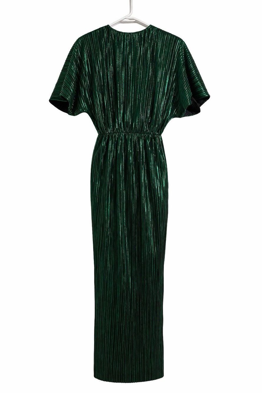 House of Harlow 1960 XS Emerald Green Metallic Pleated Maxi Dress Slit Glam NWT - Picture 4 of 8